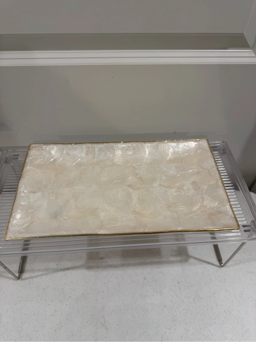 Vintage Elegant Cream Capiz Vanity Tray with Gold Trim ~ 12“ x 7“
